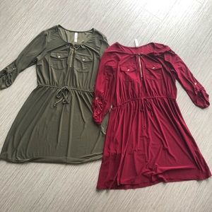 🆓 2 FIT-AND-FLARE DRESSES: olive and red
